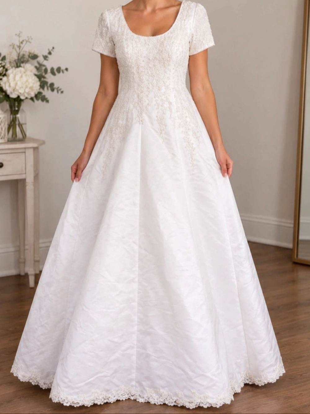 Alfred Angelo White Lace-Embroidered Short Sleeve Ball Gown